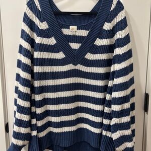 a new day Navy and White Striped V-Neck Sweater